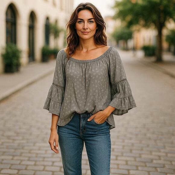 Standard Grace Women's Off Shoulder Peasant Boho Top Gray Raw Edges XL Lyocell - Picture 1 of 6